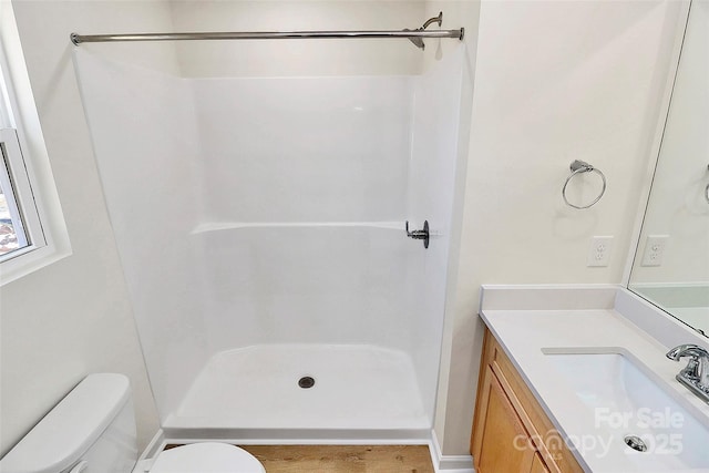 bathroom with toilet, vanity, and a shower