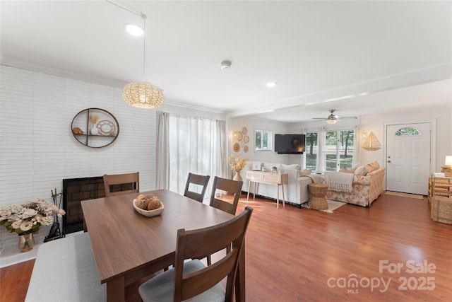 dining room with ceiling fan, dark hardwood / wood-style floors, crown molding, and a fireplace