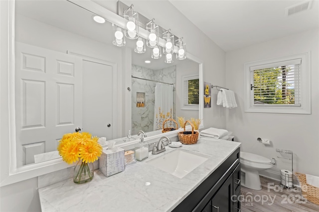 bathroom with curtained shower, toilet, and vanity