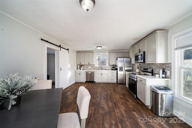 kitchen featuring tasteful backsplash, a barn door, gray cabinets, appliances with stainless steel finishes, and dark wood-type flooring