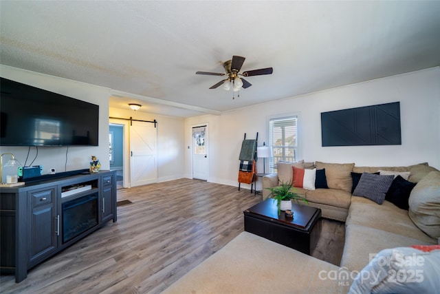 living room featuring ceiling fan, a barn door, and light wood-type flooring