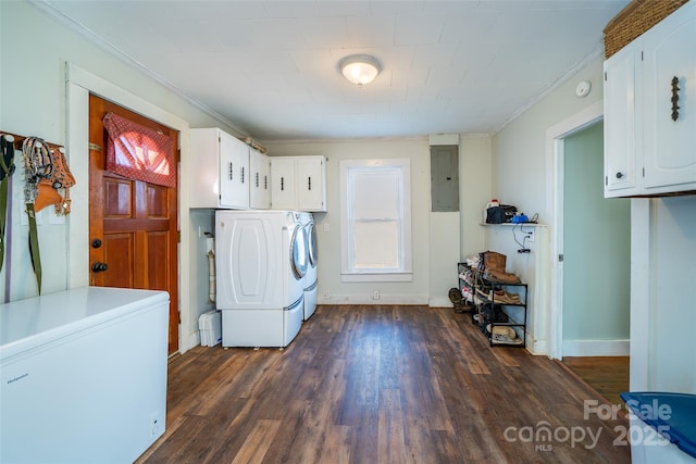 laundry room featuring electric panel, washing machine and dryer, crown molding, dark wood-type flooring, and cabinets