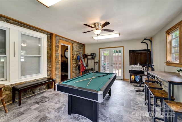 game room featuring ceiling fan, billiards, and french doors