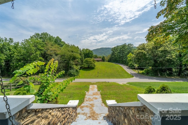 view of property's community featuring a mountain view and a lawn