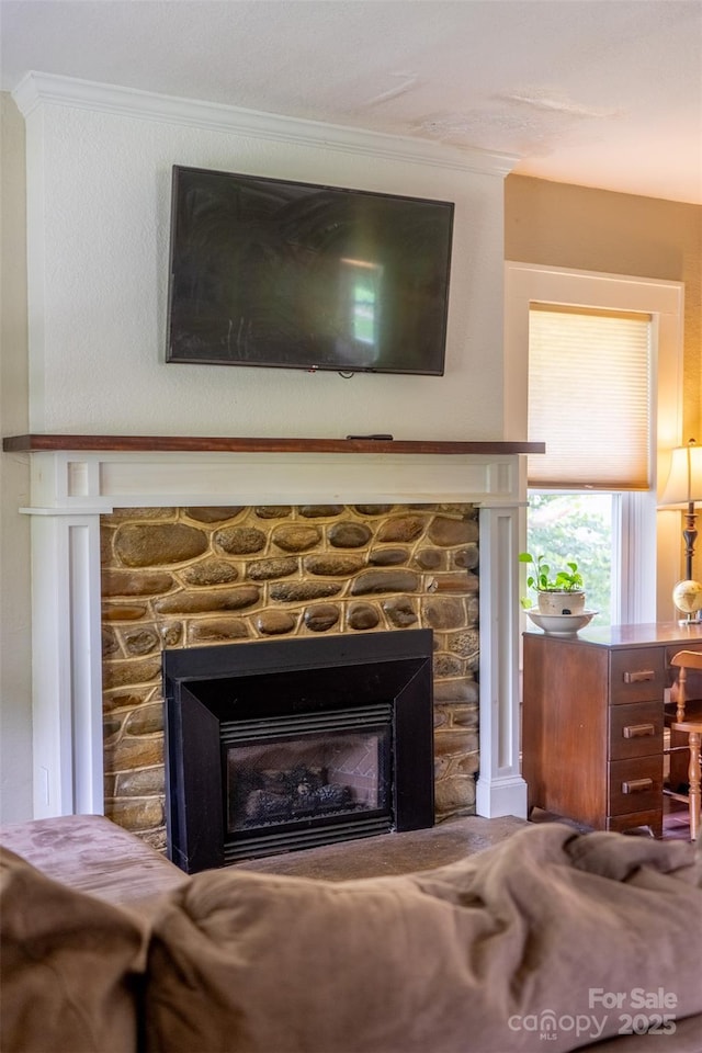 room details with a fireplace and crown molding