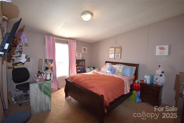 bedroom featuring carpet flooring and vaulted ceiling