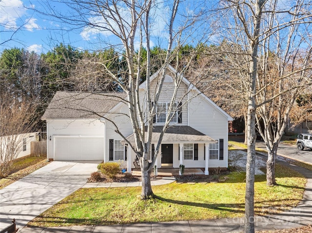 front of property with a front yard, a garage, and a porch