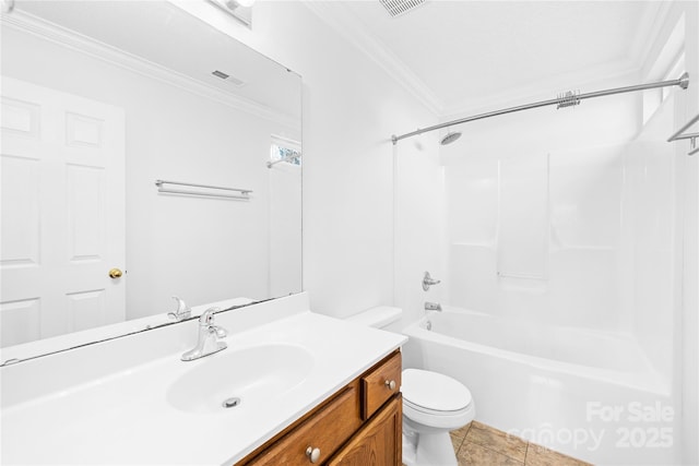 full bathroom with toilet, vanity, tile patterned floors, crown molding, and tub / shower combination