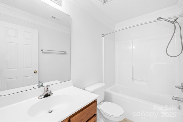 full bathroom featuring toilet, crown molding, vanity, and bathtub / shower combination