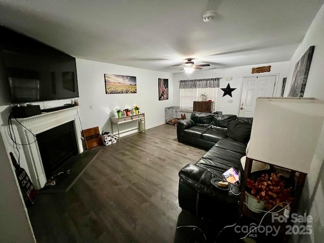 living room with ceiling fan and wood-type flooring