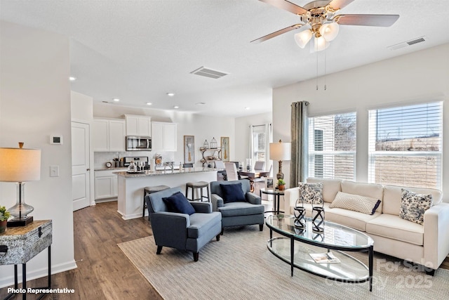 1406 5th Street Dr NE, Hickory, NC 28601 - living area with wood finished floors, a ceiling fan, and recessed lighting