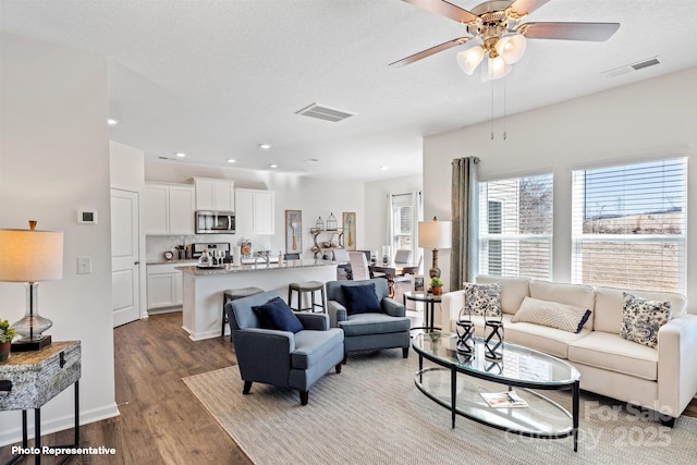 living room featuring ceiling fan, a textured ceiling, and light hardwood / wood-style flooring