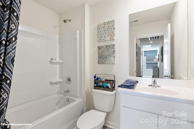 full bathroom with toilet, vanity, and bathing tub / shower combination