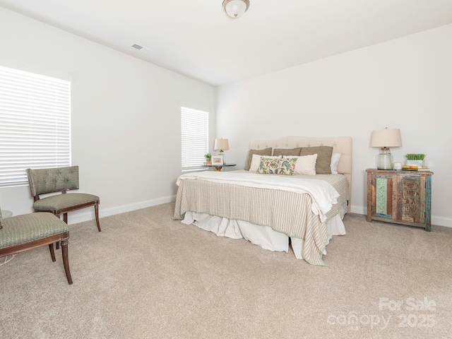 bedroom with light carpet