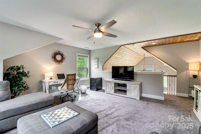 living room with ceiling fan, carpet, and lofted ceiling