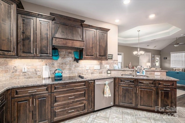 kitchen featuring sink, dishwasher, dark brown cabinets, and custom exhaust hood