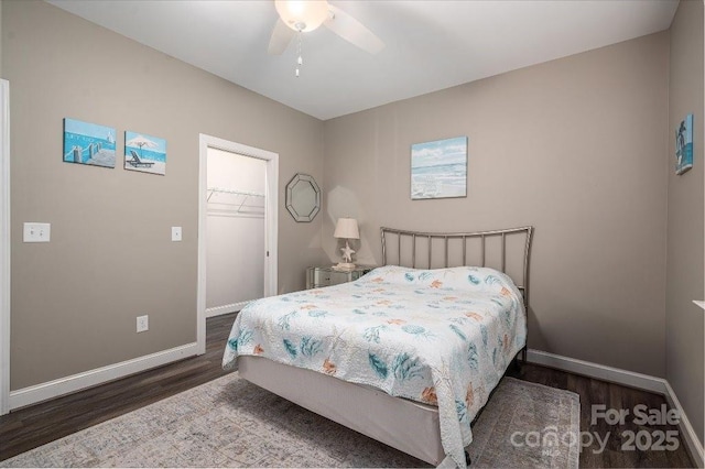 bedroom with a closet, ceiling fan, a spacious closet, and dark wood-type flooring