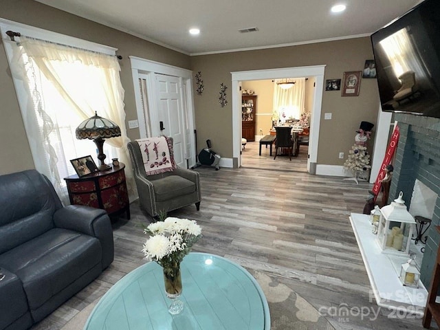 living room with ornamental molding, a fireplace, and wood-type flooring