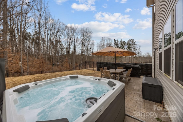 view of swimming pool featuring a hot tub and a patio area