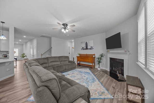 living room with ceiling fan and light hardwood / wood-style flooring