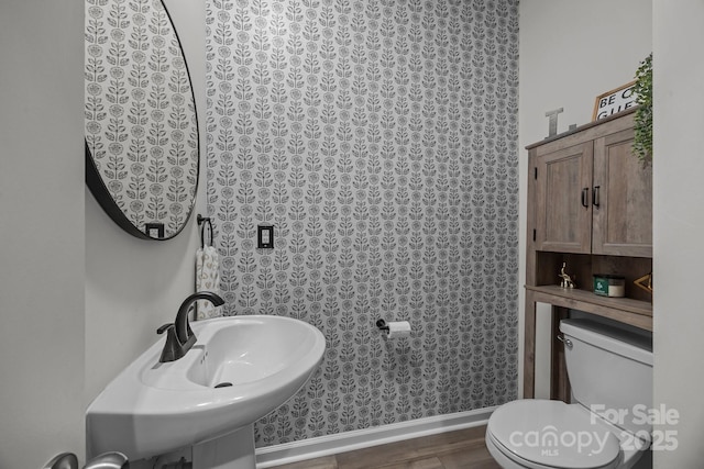 bathroom with hardwood / wood-style floors, sink, and toilet