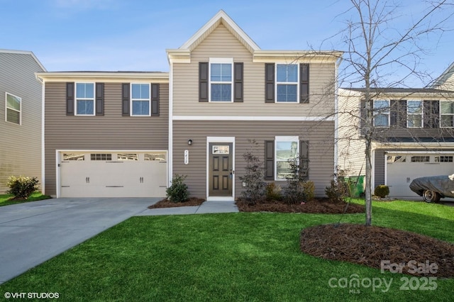 view of front facade featuring a front yard and a garage