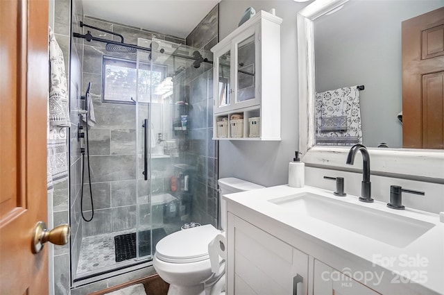 bathroom featuring a shower stall, vanity, and toilet