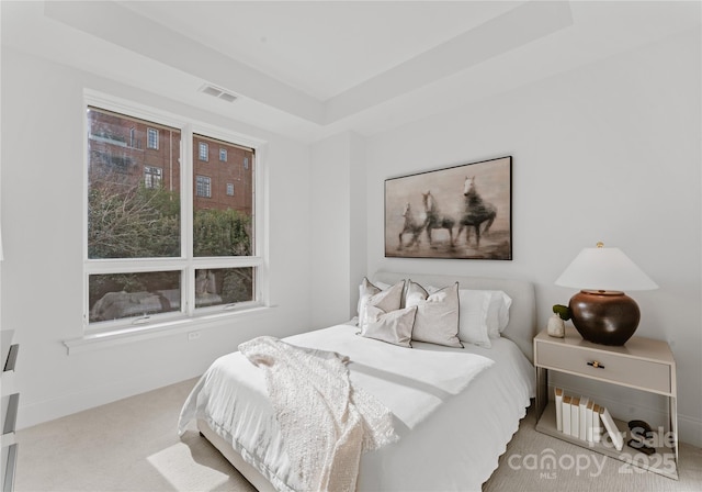 carpeted bedroom featuring a tray ceiling