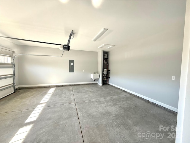 garage with electric panel, a garage door opener, and baseboards