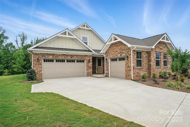 9657 Liberty Hill Dr, Mint Hill, NC 28227 - craftsman-style house featuring an attached garage, a front yard, concrete driveway, board and batten siding, and brick siding