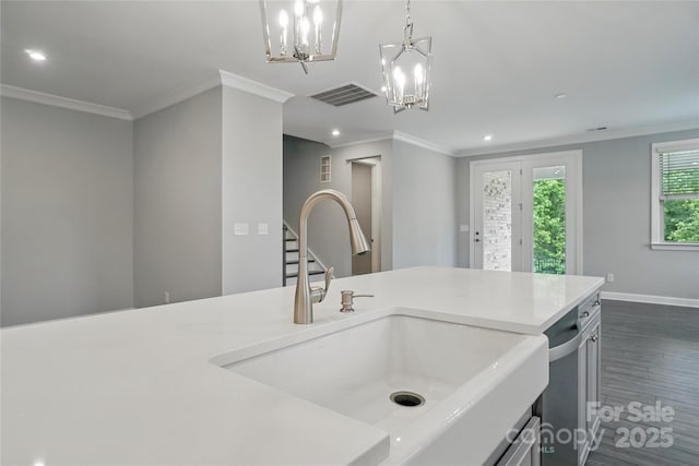9657 Liberty Hill Dr, Mint Hill, NC 28227 - kitchen featuring crown molding, a sink, dark wood-type flooring, light countertops, and baseboards