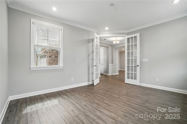 9657 Liberty Hill Dr, Mint Hill, NC 28227 - unfurnished room with french doors, ornamental molding, baseboards, wood finished floors, and recessed lighting