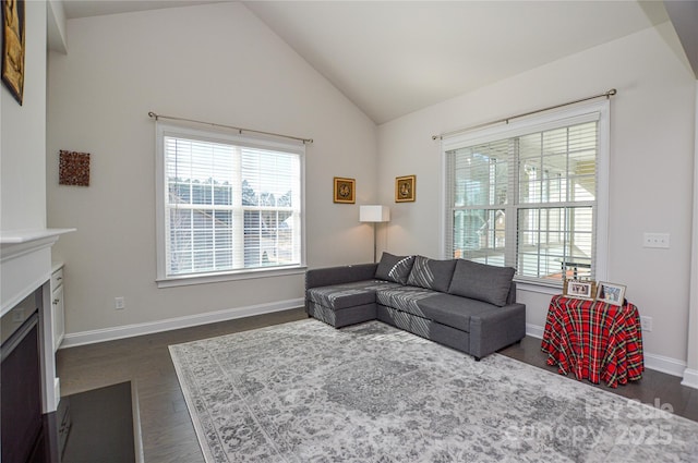 living room with vaulted ceiling and dark hardwood / wood-style flooring