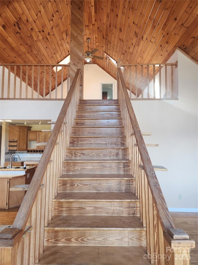 staircase with wood ceiling and ceiling fan