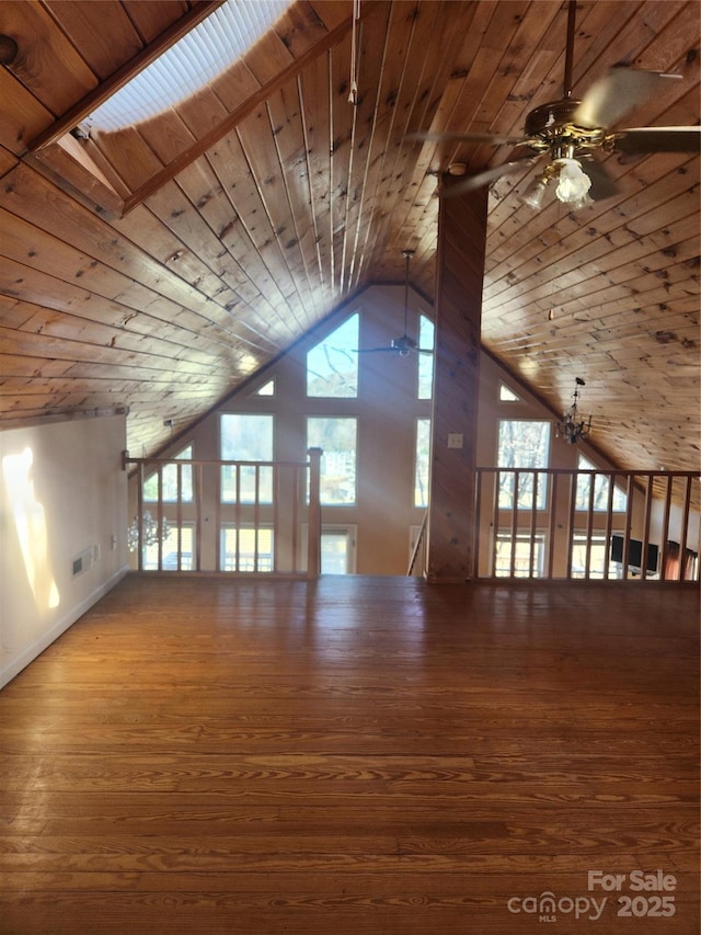 bonus room with wood-type flooring, high vaulted ceiling, ceiling fan with notable chandelier, and wood ceiling