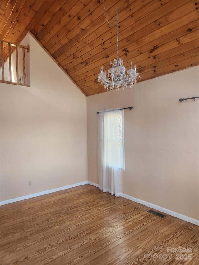 empty room with hardwood / wood-style floors, wood ceiling, vaulted ceiling, and a chandelier