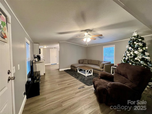 living room featuring a textured ceiling, ceiling fan, crown molding, and light hardwood / wood-style floors