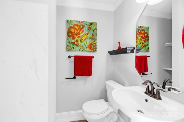 bathroom featuring toilet, sink, and ornamental molding