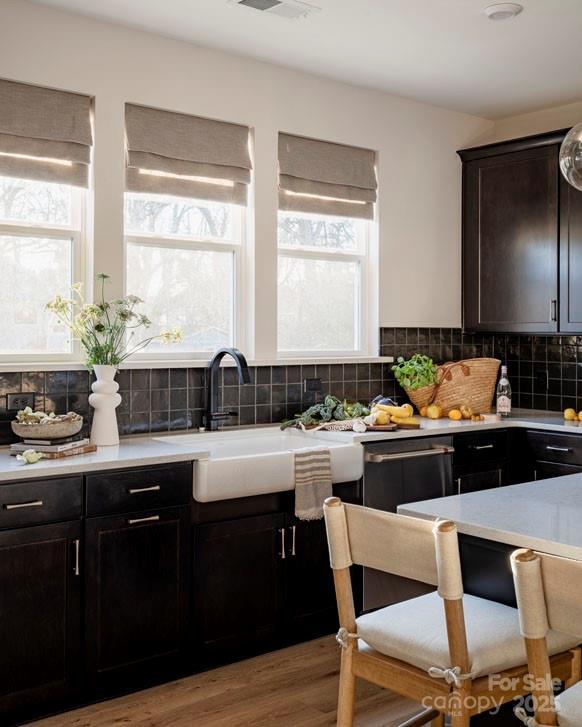 kitchen with sink, light hardwood / wood-style flooring, dishwasher, dark brown cabinetry, and decorative backsplash