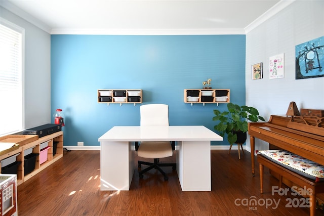 office with dark wood-type flooring and ornamental molding