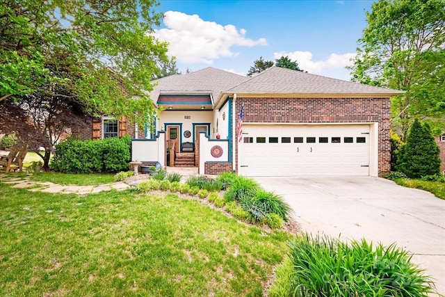 ranch-style house featuring concrete driveway, a garage, brick siding, a front yard, and stucco siding