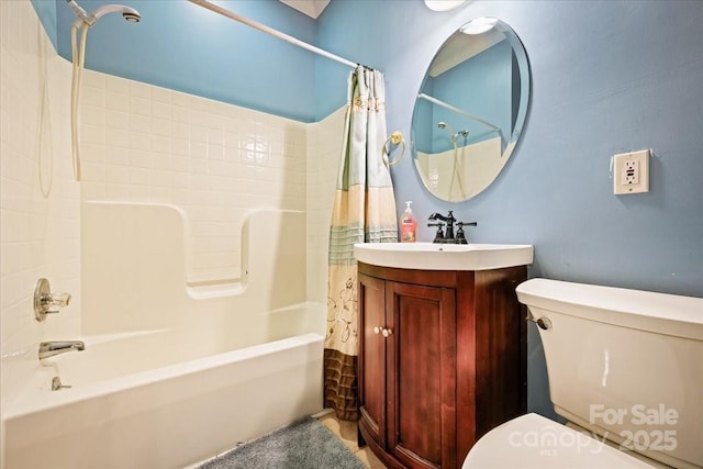 full bath with shower / bath combo with shower curtain, toilet, and vanity