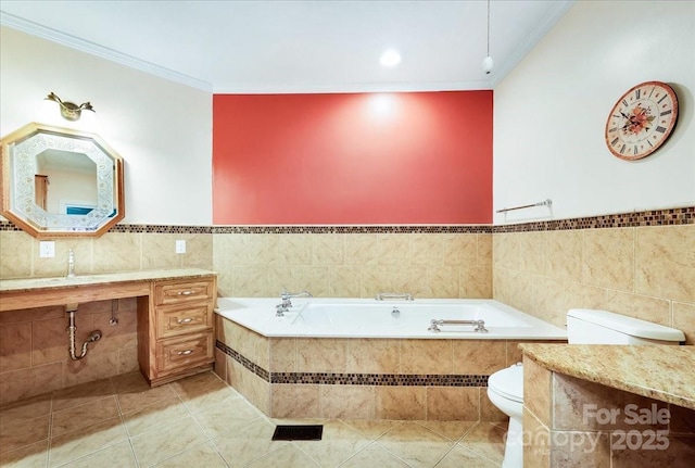 full bath with tile walls, ornamental molding, and toilet