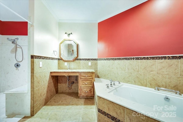 full bath with a bath, tile patterned flooring, a shower, and ornamental molding