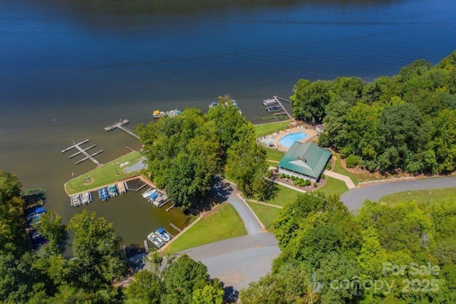 drone / aerial view featuring a water view