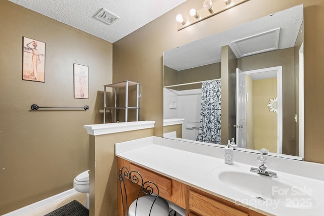 bathroom featuring toilet, vanity, tile patterned flooring, a textured ceiling, and curtained shower