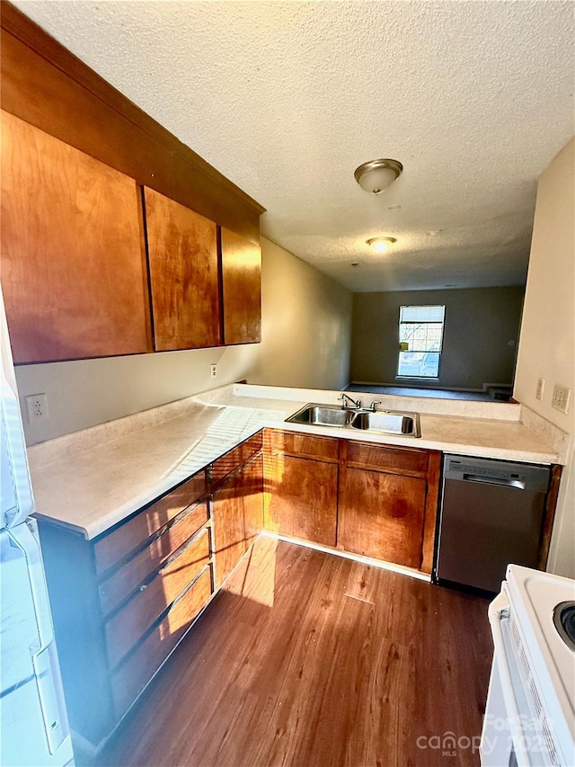 kitchen with kitchen peninsula, dark hardwood / wood-style floors, electric stove, dishwasher, and sink