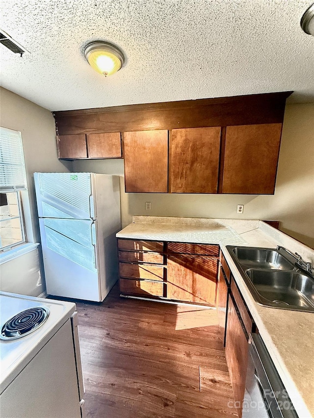 kitchen featuring a textured ceiling, dark hardwood / wood-style flooring, sink, and white appliances