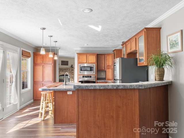 kitchen with appliances with stainless steel finishes, ornamental molding, light hardwood / wood-style flooring, and decorative light fixtures