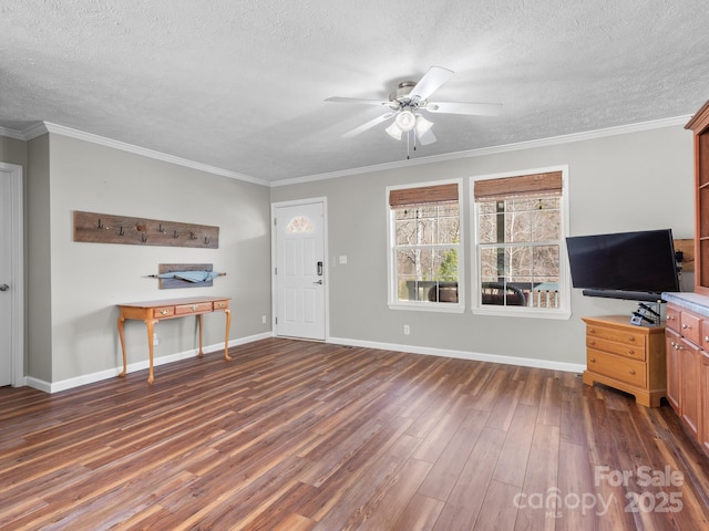 living room featuring ceiling fan, dark wood-type flooring, crown molding, and a textured ceiling